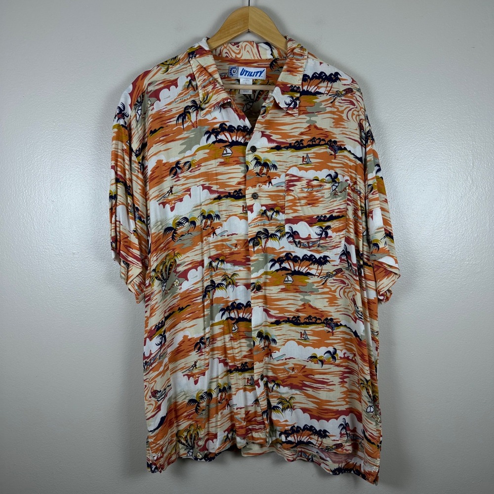 Utility Men's XL Shirt Multicolor Tropical Beach Rayon Short Sleeve Button Down
